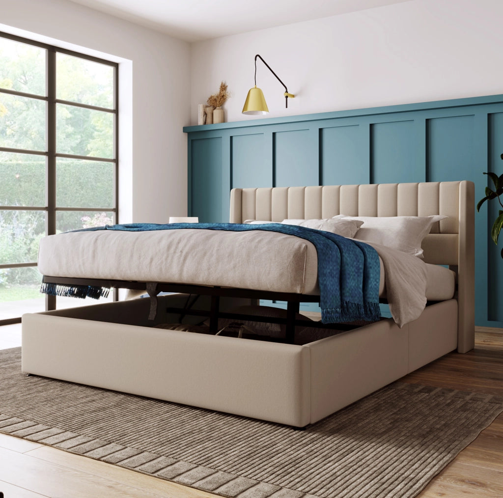 Letto contenitore idraulico 140x200 cm beige con materasso