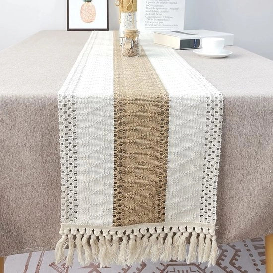 Tela da tavolo macramé boho, tessuto di cotone e lino, beige e marrone, decorazione da tavola per compleanni, battesimi, cene in sala da pranzo, feste, vacanze, decorazione, lavabile, 30 x 160 cm