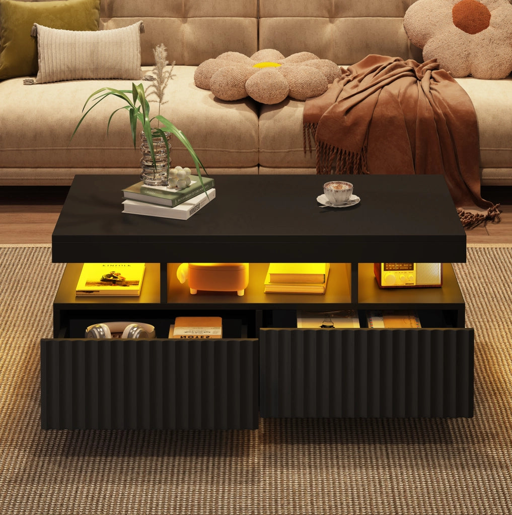 Tavolino da salotto 100x50x45 cm con due cassetti; luce LED; in pannello truciolare; nero