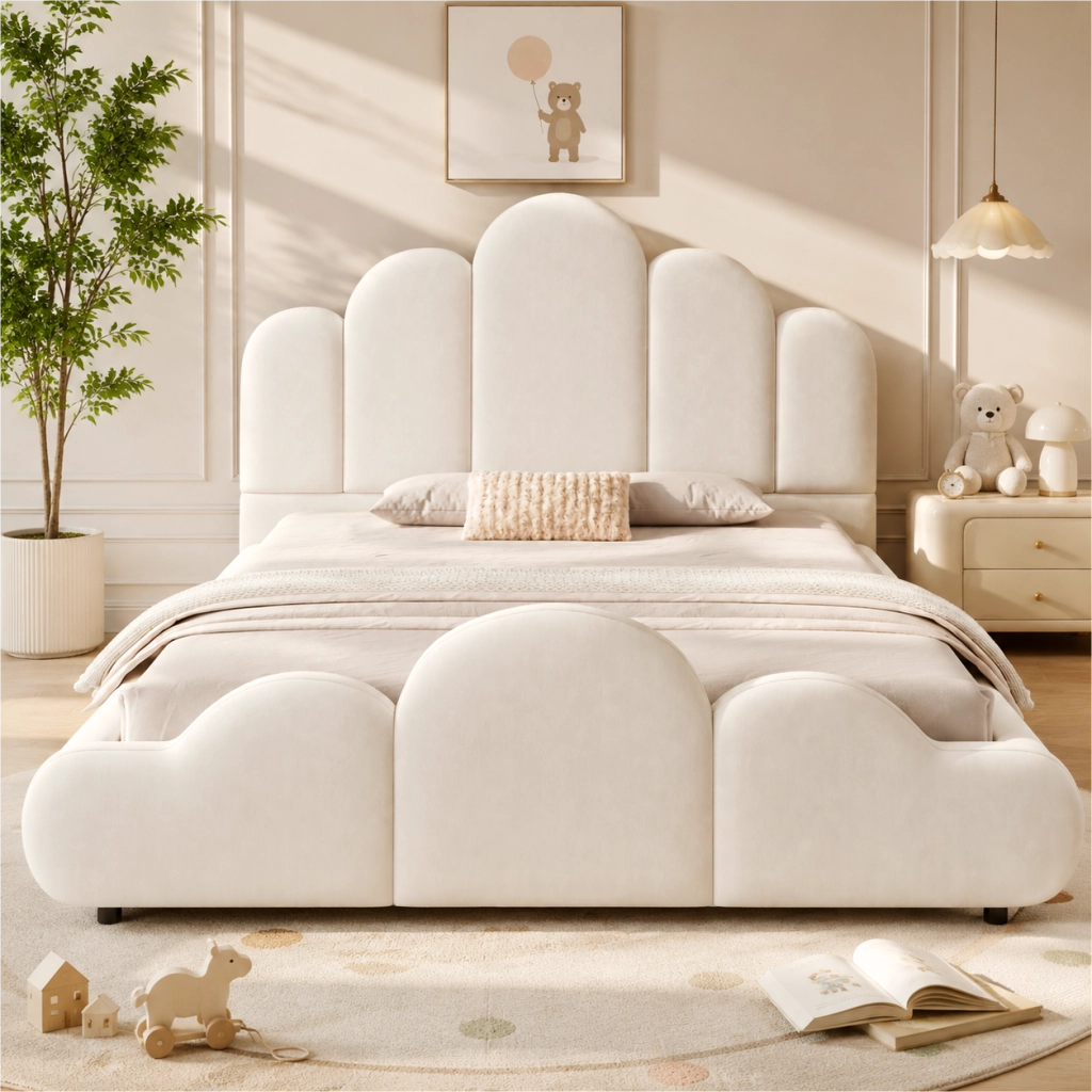 Letto imbottito 140 x 200 cm in velluto beige con testiera imbottita e struttura a nuvola