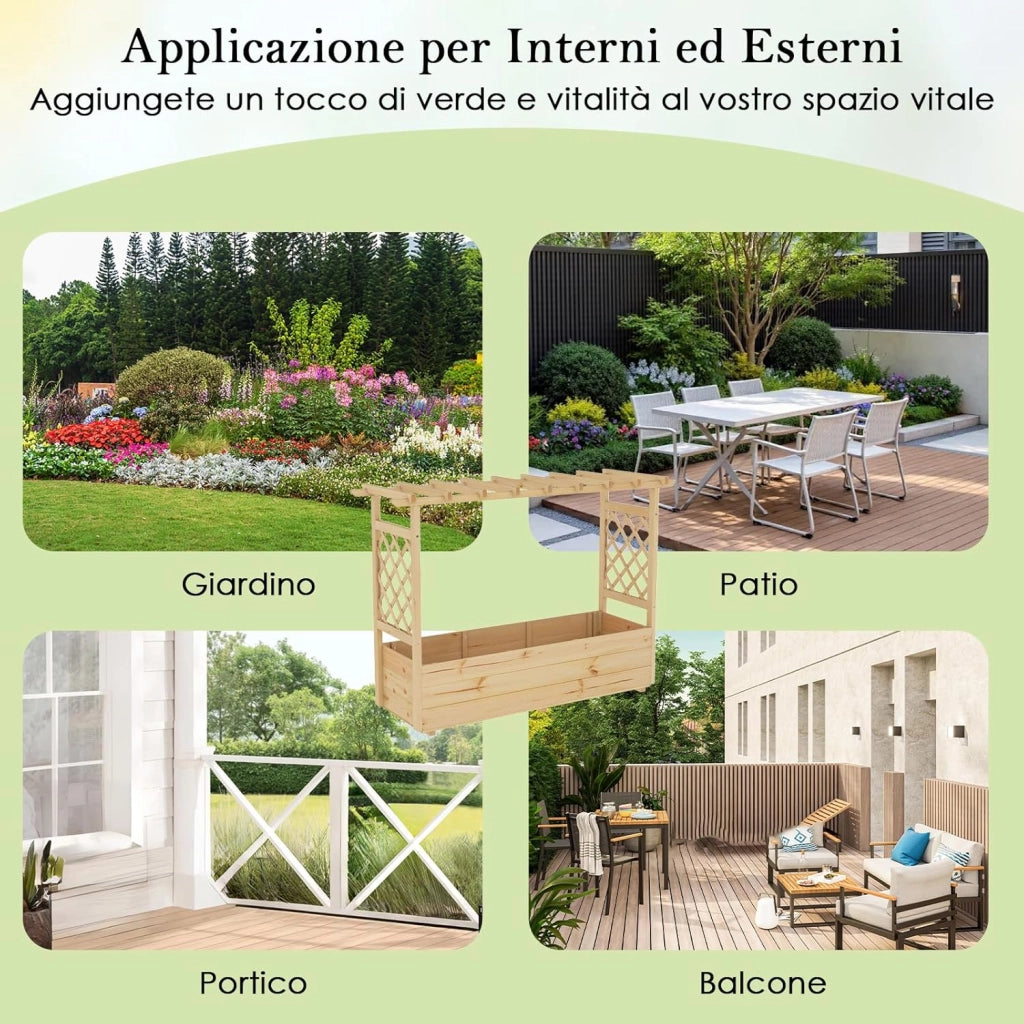 Fioriera da Esterno con Grigliato, Letto Rialzato in Legno di Pino per Piante Rampicanti con Traliccio e Fori di Drenaggio, Aiuola Elevata da Giadino e Cortile (148 x 50 x 103 cm)