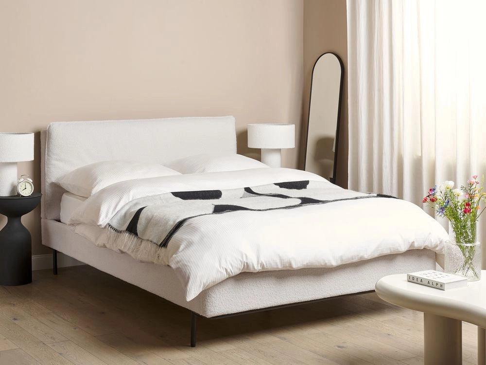 Letto a doghe Bianco Bouclè Imbottito 140 x 200 cm EU Matrimoniale Design Moderno