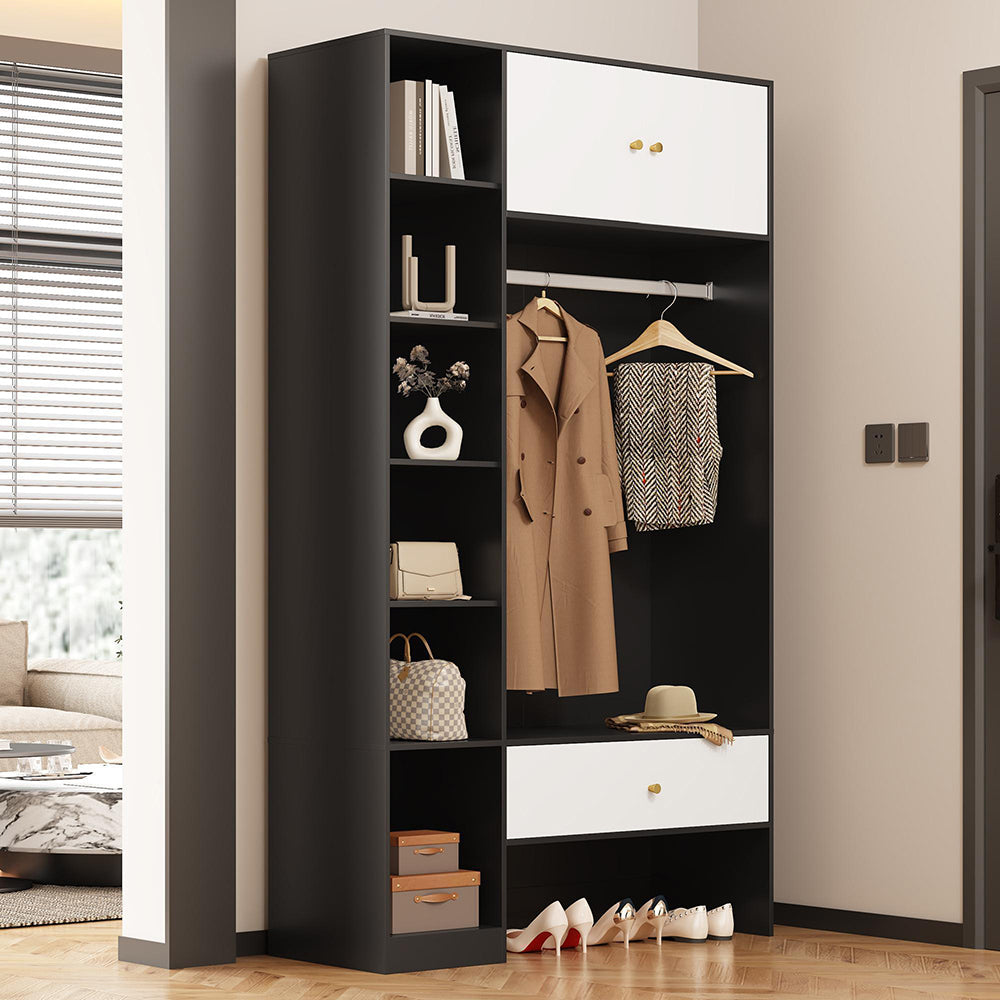 Armadio per ingresso compatto - Xylo - 105x185x40 cm - Bianco e nero - 2 ante, 6 scomparti, appendiabiti, cassetto