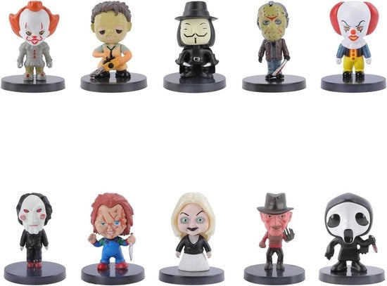 Decine di figurine di fantocci da giardino Halloween giocattoli statua Chucky Clown Michael Myers Freddy scultura indoor decorazione.