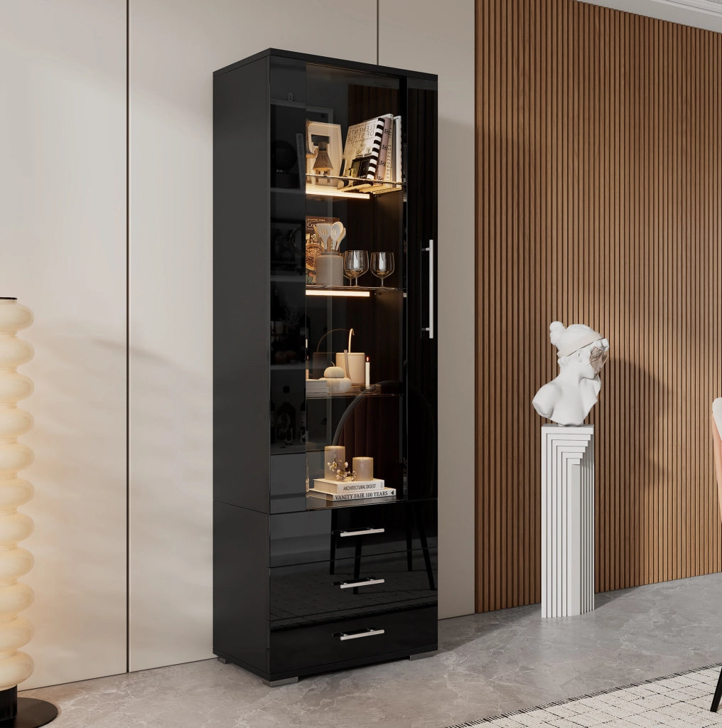 Vetrina 60x35x180 cm con LED e 3 cassetti in MDF nero