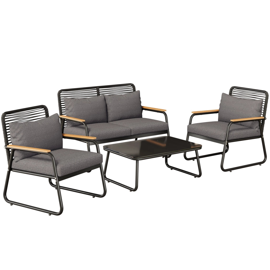 Set Lounge da Giardino 4 Posti con Tavolo ¨C MINIMAL ¨C Polyrattan, Vetro, Nero, Cuscini Inclusi