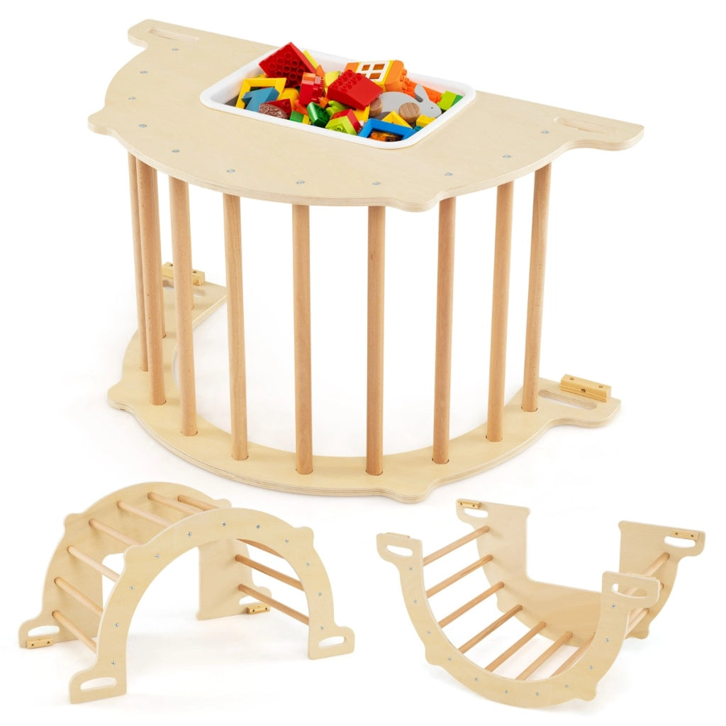 Tavolo sensoriale ad arco da arrampicata 8 in 1 per bambini 3+ anni, Palestra montessori con contenitore pieghevole Naturale-Arrampicate e scivoli