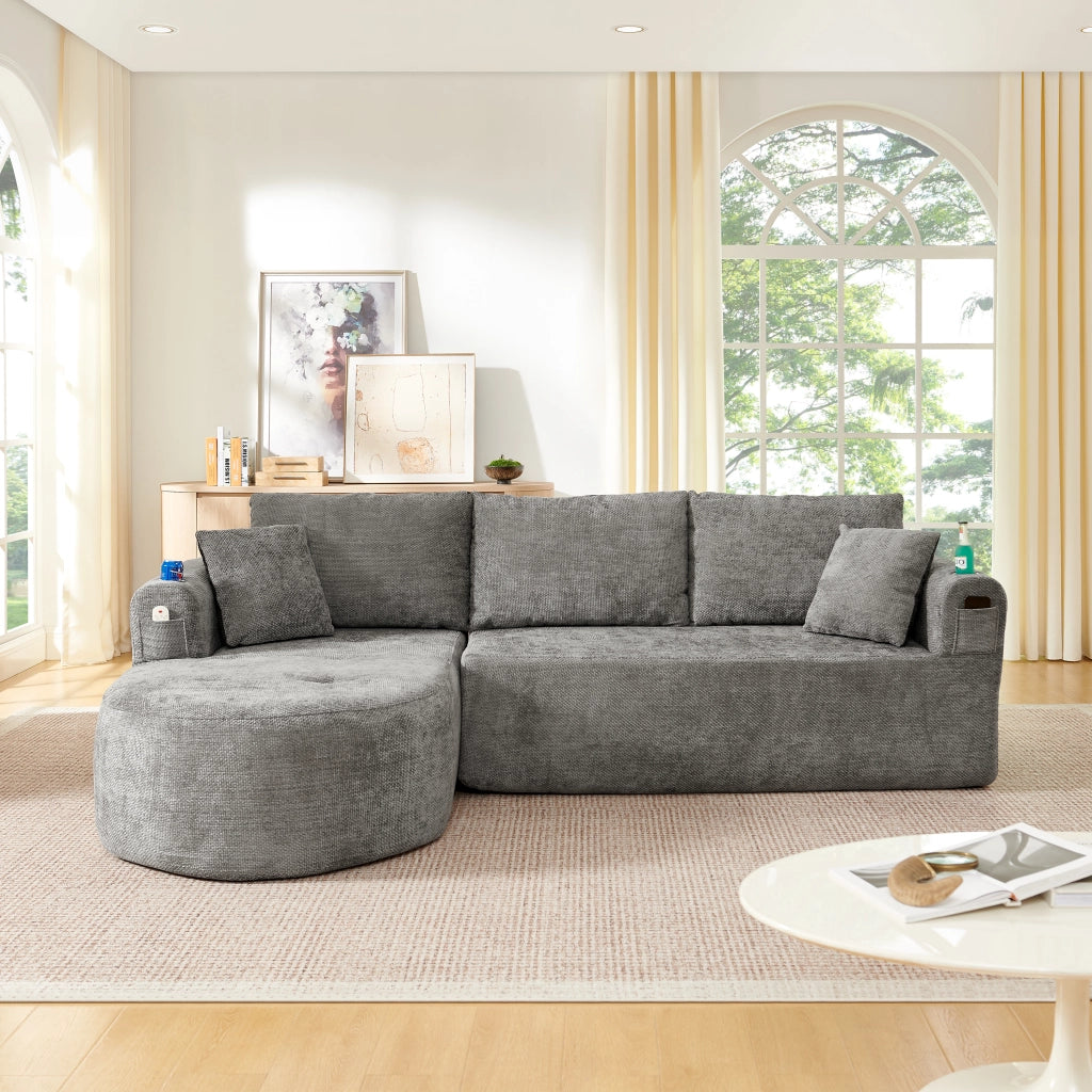 Divano angolare a L con portabicchieri in acciaio inox e tasche laterali, tessuto in lino grigio 255 × 170 × 67 cm