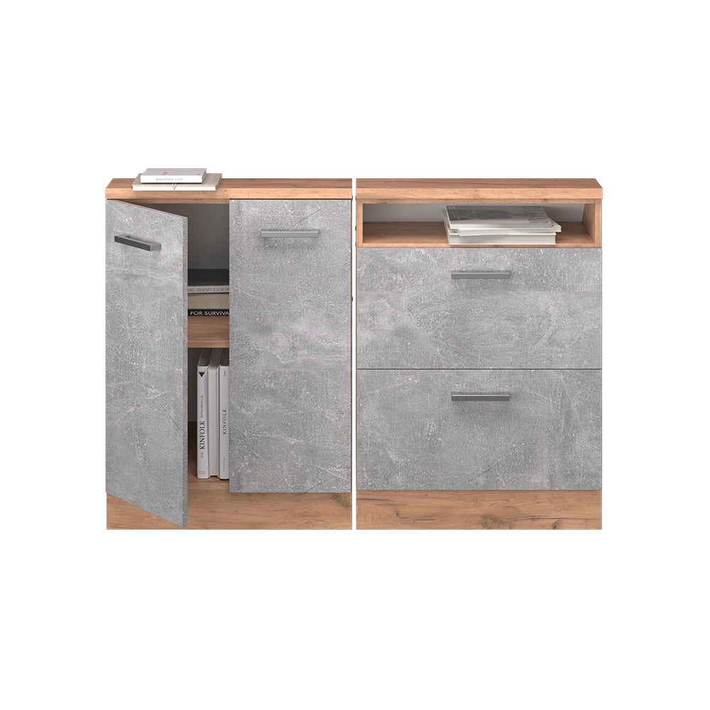 Mobile cucina sottotetto R-Line Calcestruzzo/Rovere dorato 120 cm Set di 2 Vicco