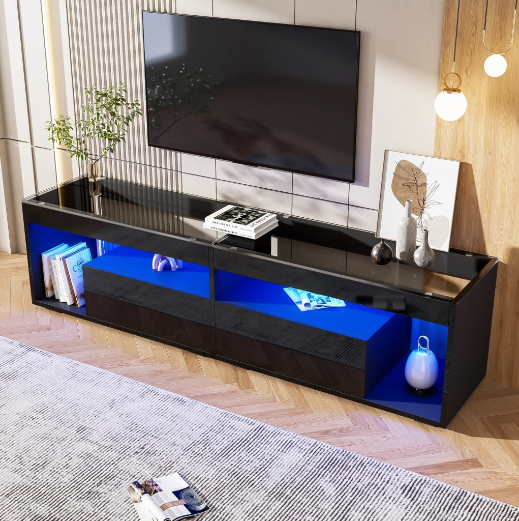 Mobile TV nero lucido con LED, 2 cassetti e piano in vetro temperato