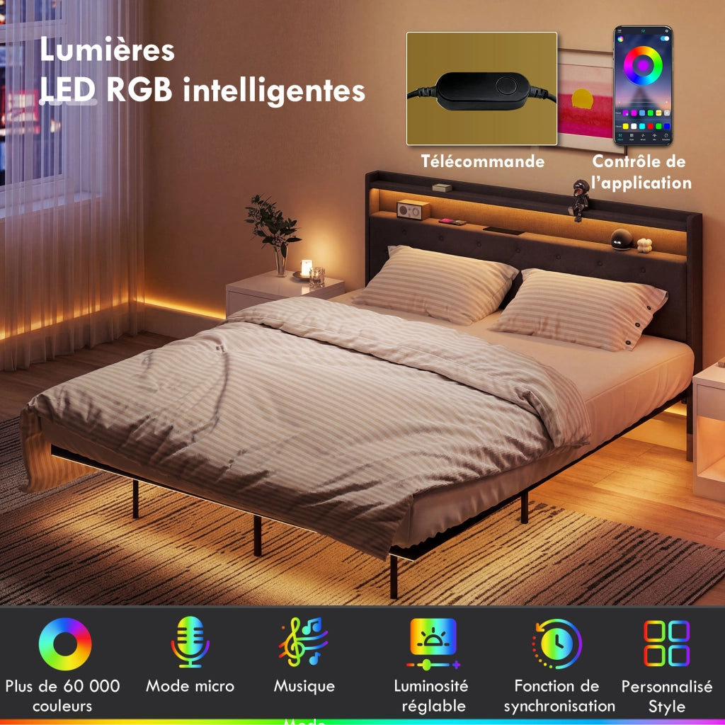 Letto Matrimoniale con Luci LED e Stazione di Carica ¨C zephmum ¨C Grigio 160x200 cm