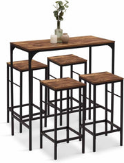 Tavolo da bar e 4 sgabelli DAYTON, alti 100 cm, in legno scuro con effetto distressed e design industriale nero