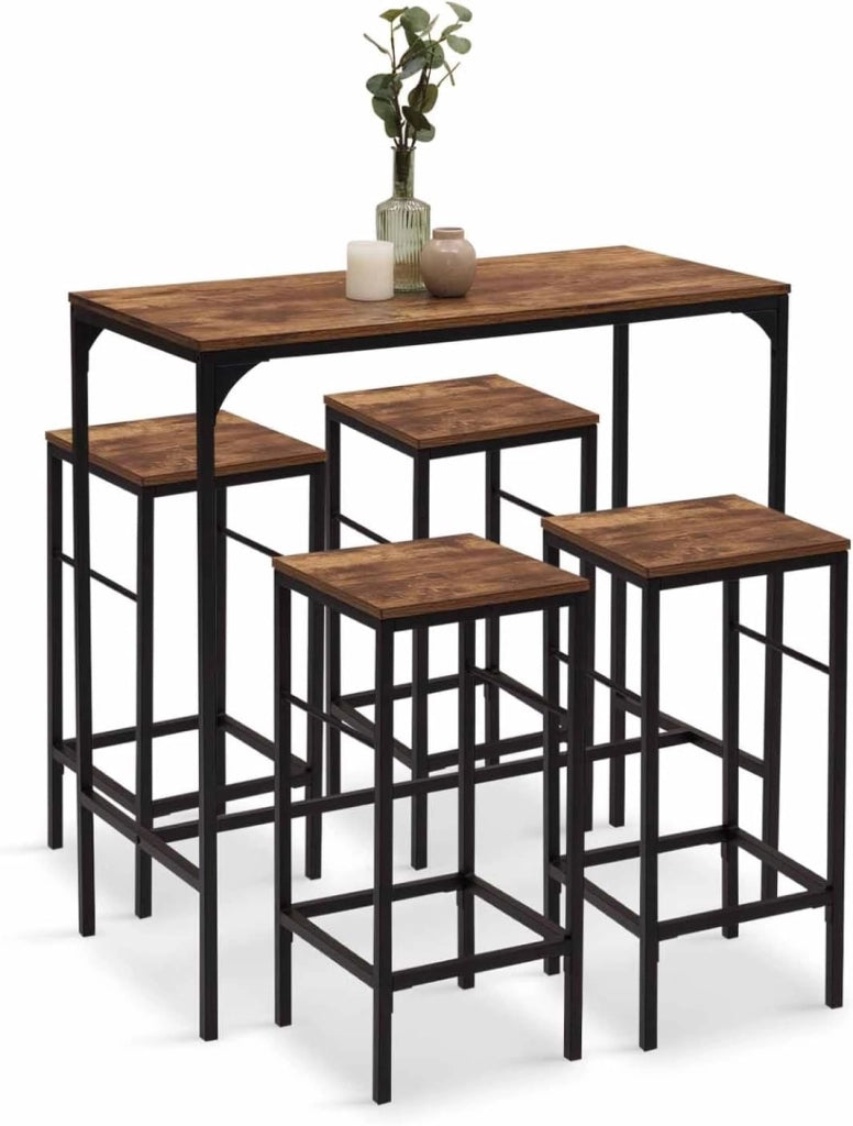 Tavolo da bar e 4 sgabelli DAYTON, alti 100 cm, in legno scuro con effetto distressed e design industriale nero