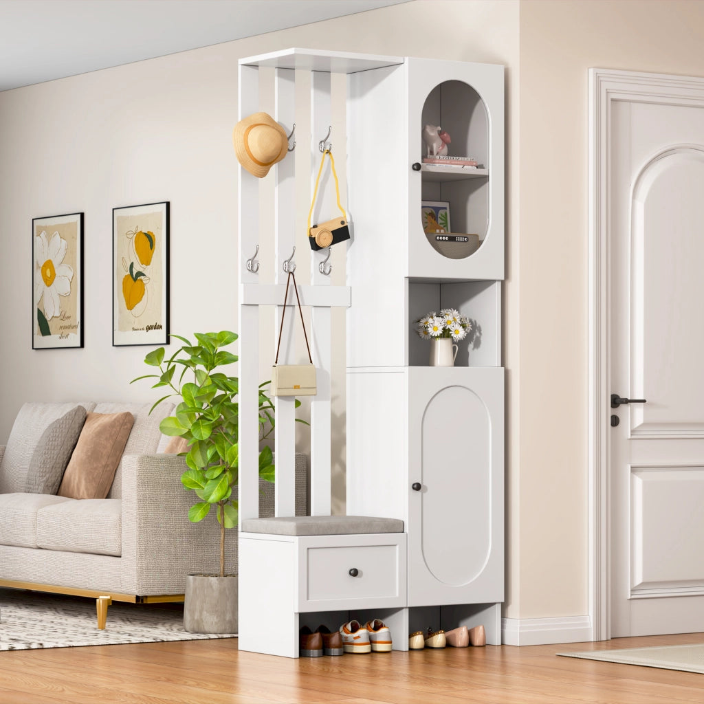 Mobile da Ingresso con 2 Armadi; 1 Cassetto; 10 Vani; 6 Ganci e Panca Portascarpe; per Ingresso; 85 × 33;5 × 200 cm; Bianco