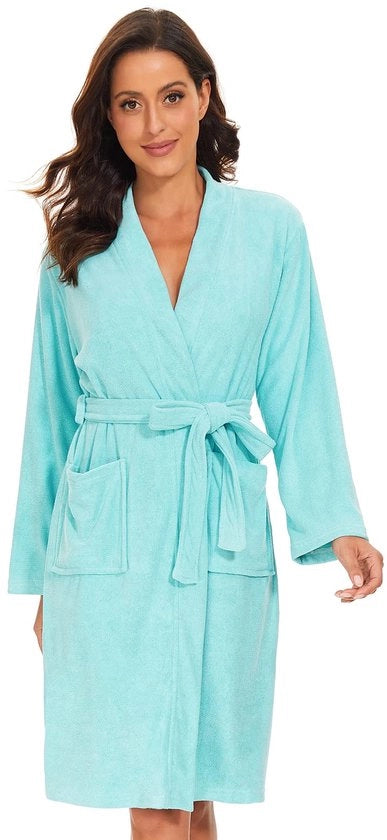 Badjas per donne in tessuto di cotone leggero per sauna, giacca da sauna per donne con lunghezza ginocchiere, badjas per donne in cotone blu