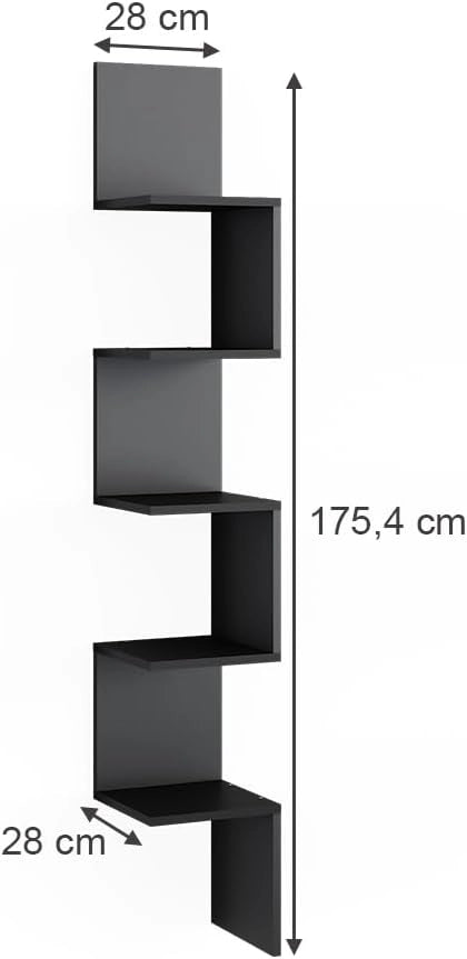 Scaffale ad angolo Paolo, Nero, 28 x 175.4 cm con 5 scomparti, montabile per riporre libri e decorazioni