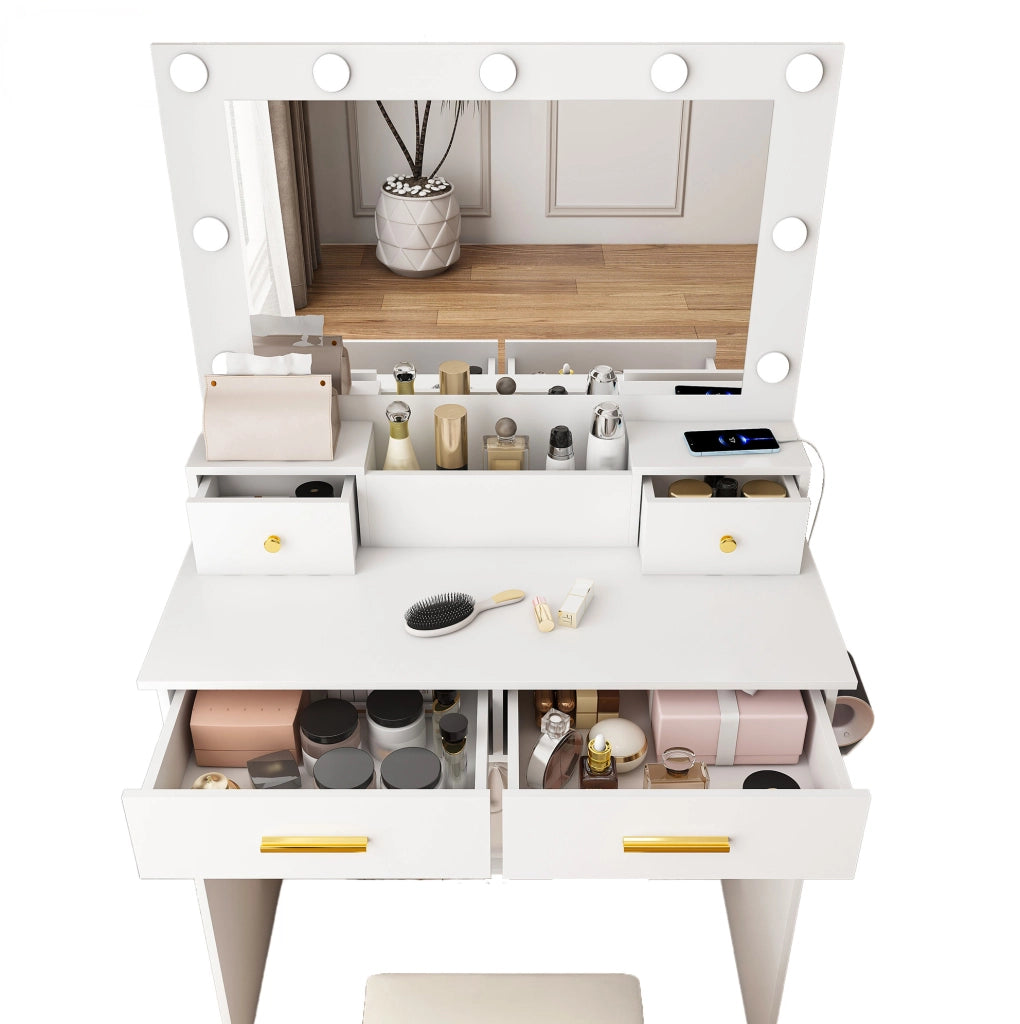 Toeletta bianca in MDF con LED, presa, 4 cassetti e sgabello