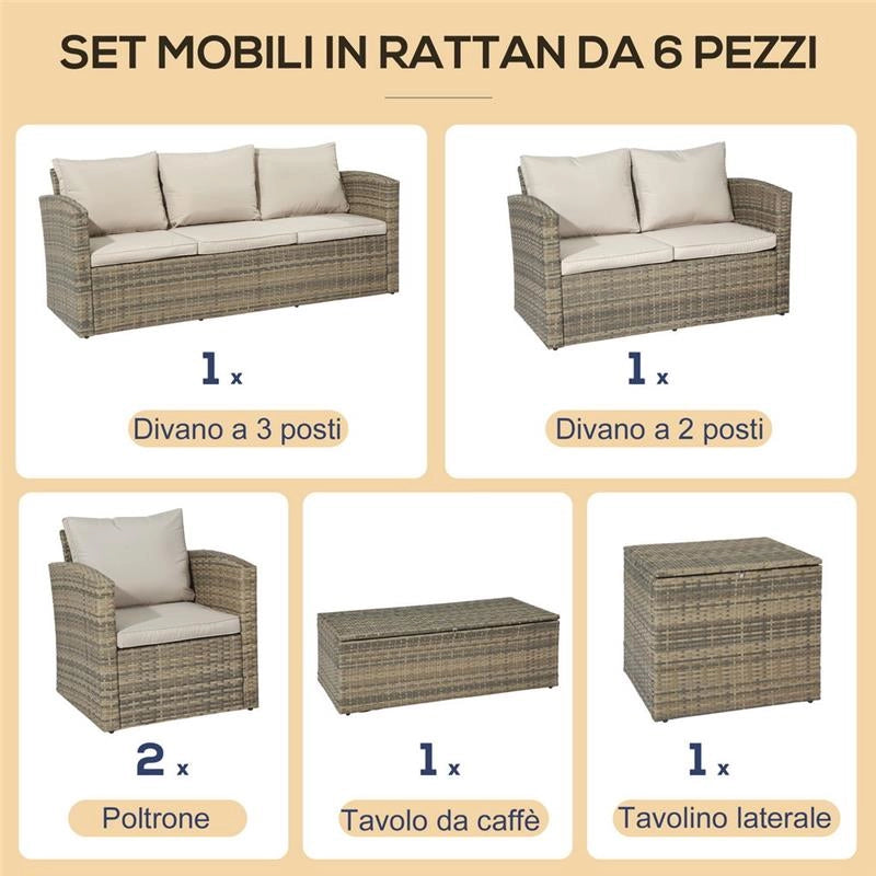 SET MOBILI DA GIARDINO 6 PEZZI IN RATTAN CON DIVANI, POLTRONE E TAVOLI CONTENITORE, BEIGE