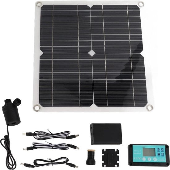 Impianto solare per pompa acqua 50 W con Accubak e controller di orologeria per vasca da pesca e cascata giardino.