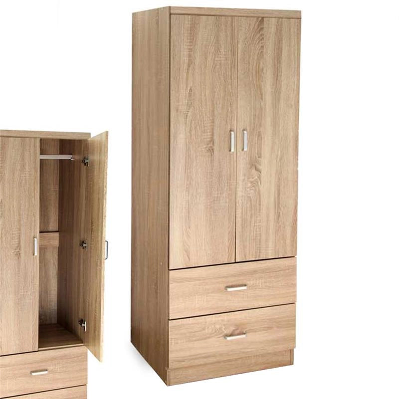 ARMADIO GUARDAROBA IN LEGNO CON 2 ANTE E CASSETTI ROVERE NATURALE 80 X 52 X 190 CM