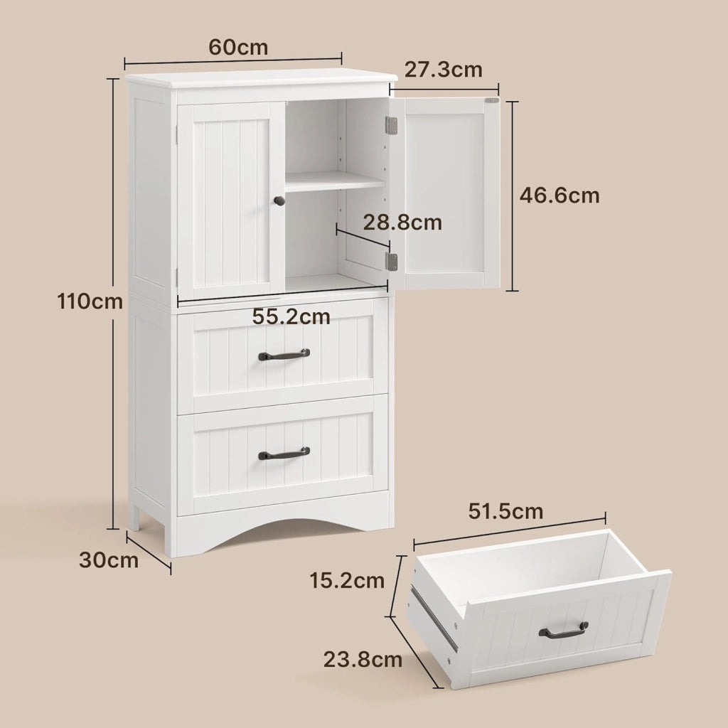 Armadietto da Cucina, Mobile bagno con 2 Cassetti, con Ripiani Regolabili, per Bagno, Soggiorno and Cucina, 60×30×110 cm,Bianco