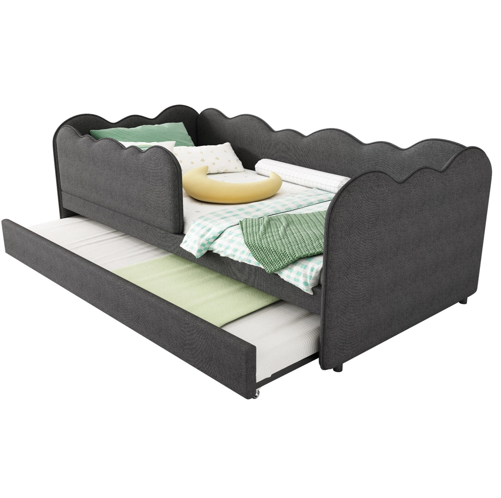 Letto daybed estraibile 90x190 cm in lino grigio; con rete a doghe e struttura L
