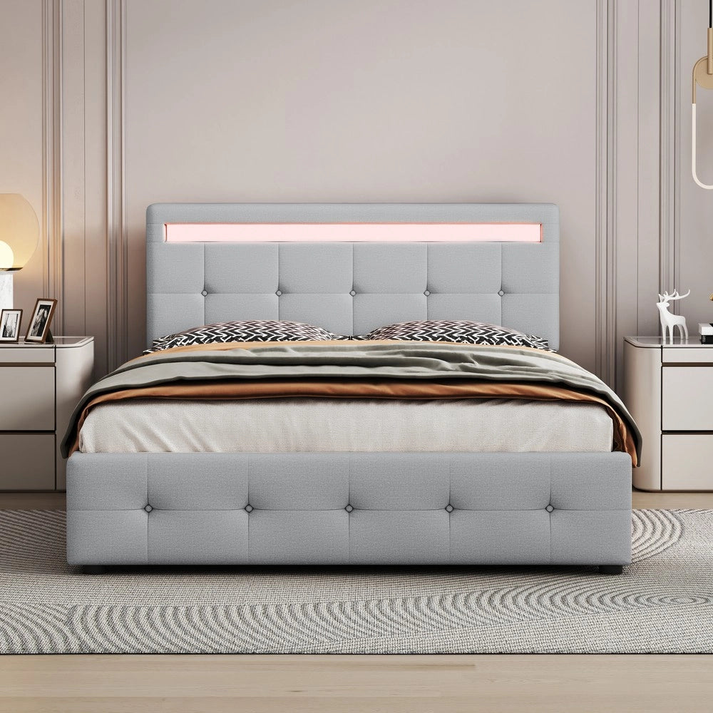Letto Imbottito con LED, Cassetti e Contenitore ¨C MINIMAL ¨C Grigio 140x200