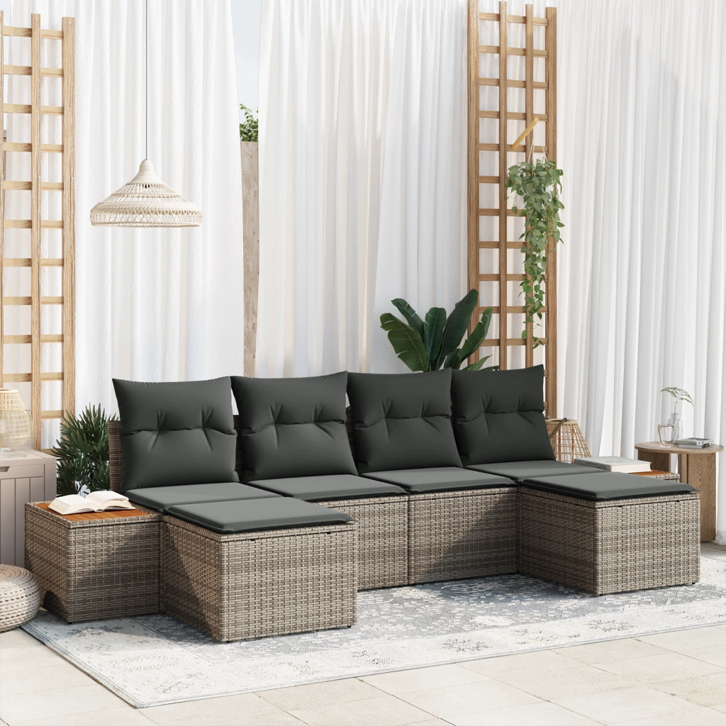 Set Divano da Giardino da 6 Pezzi con Cuscini Grigio Poliacetato Acacia
