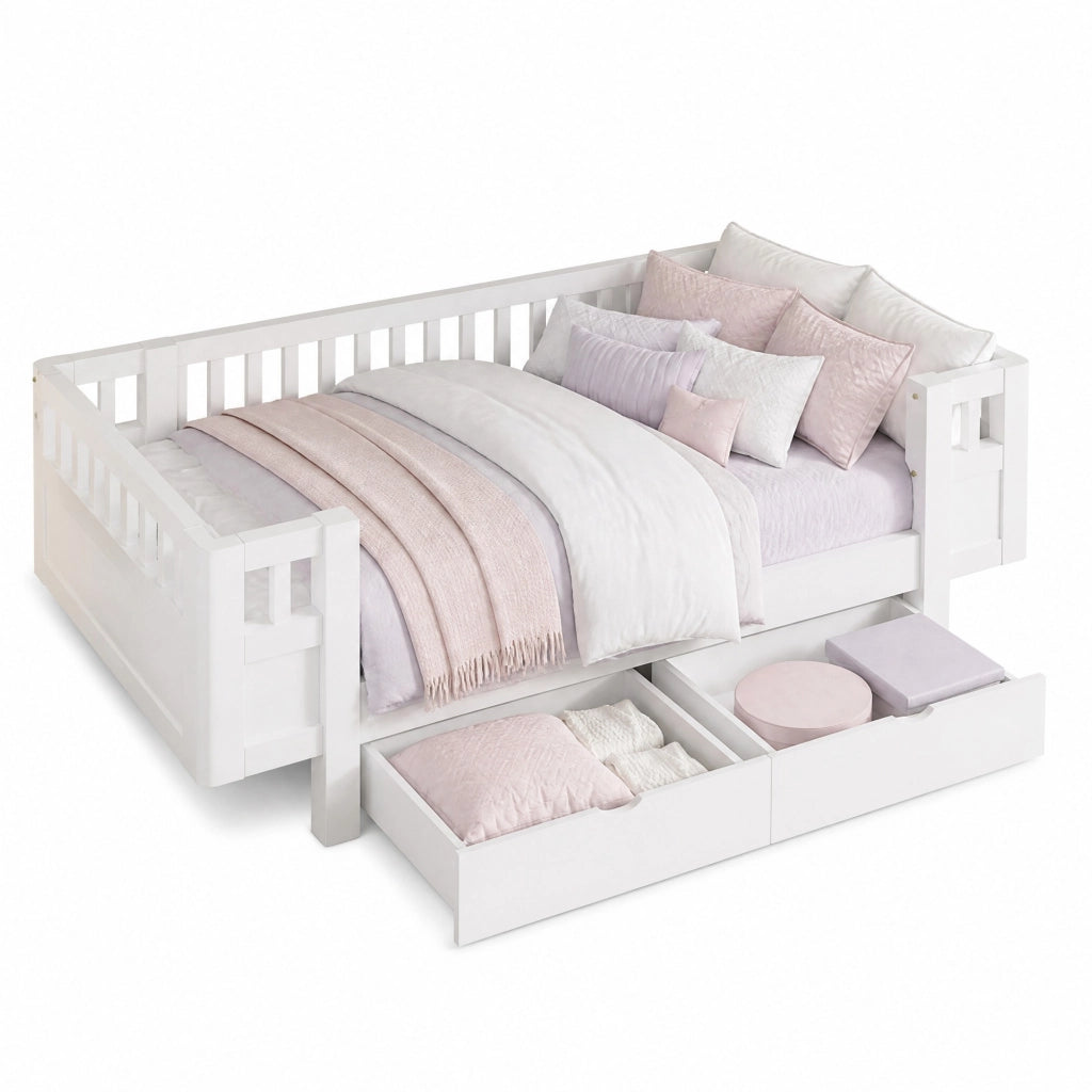 Letto 90x200 cm con sponde alte e due cassetti; bianco