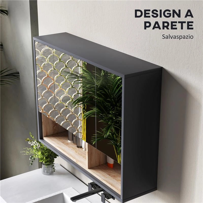 SPECCHIERA BAGNO A 3 ANTE CON ARMADIETTO 8 VANI E ANTE AMMORTIZZATE, 80X20X60 CM, GRIGIO