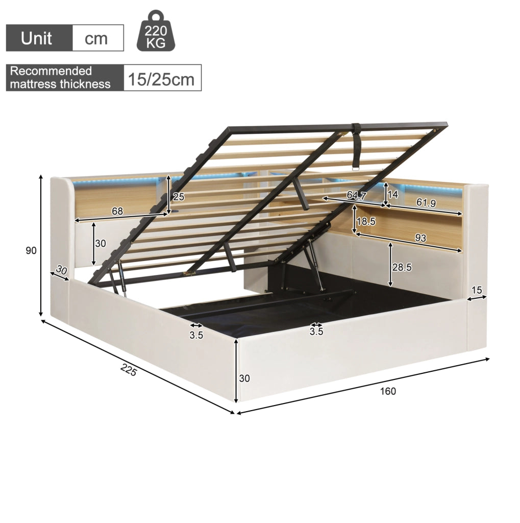 Letto da giorno imbottito 140x200 cm in velluto beige con contenitore; LED; USB e Type-C
