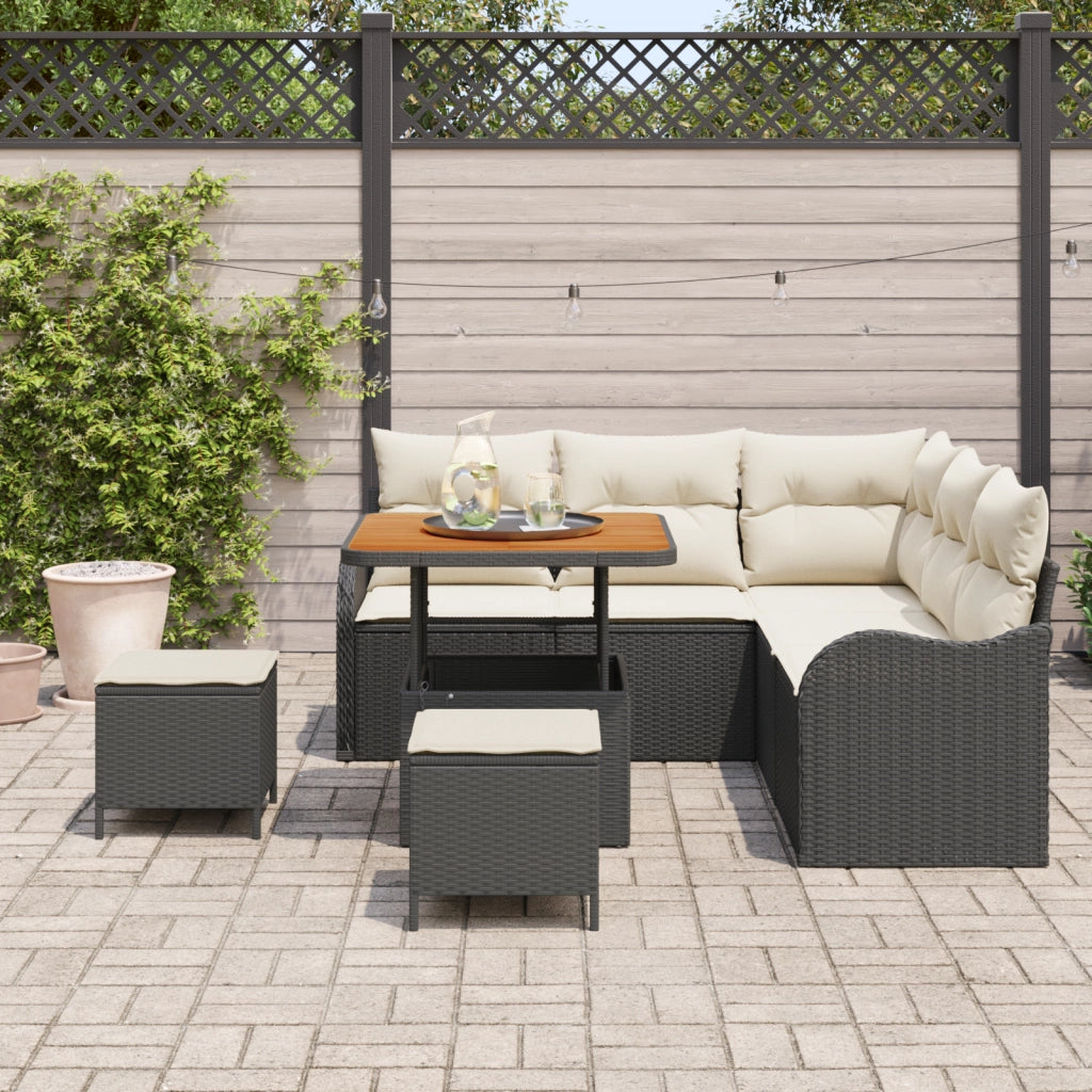 Set di divani da giardino  8 pezzi con cuscini in polyrattan nero di acacia