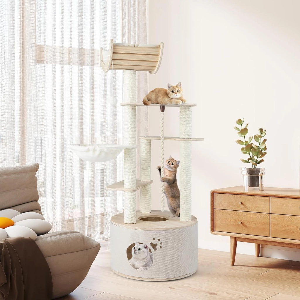 Albero per Gatti Alto 141 cm, Tiragraffi per Gatti in Plywood con Condo, Posatoio Curvo, Amaca, Tiragraffi, Pallina e Corda Appesi e Cuscini in Pile Lavabili, 55 x 55 x 141 cm