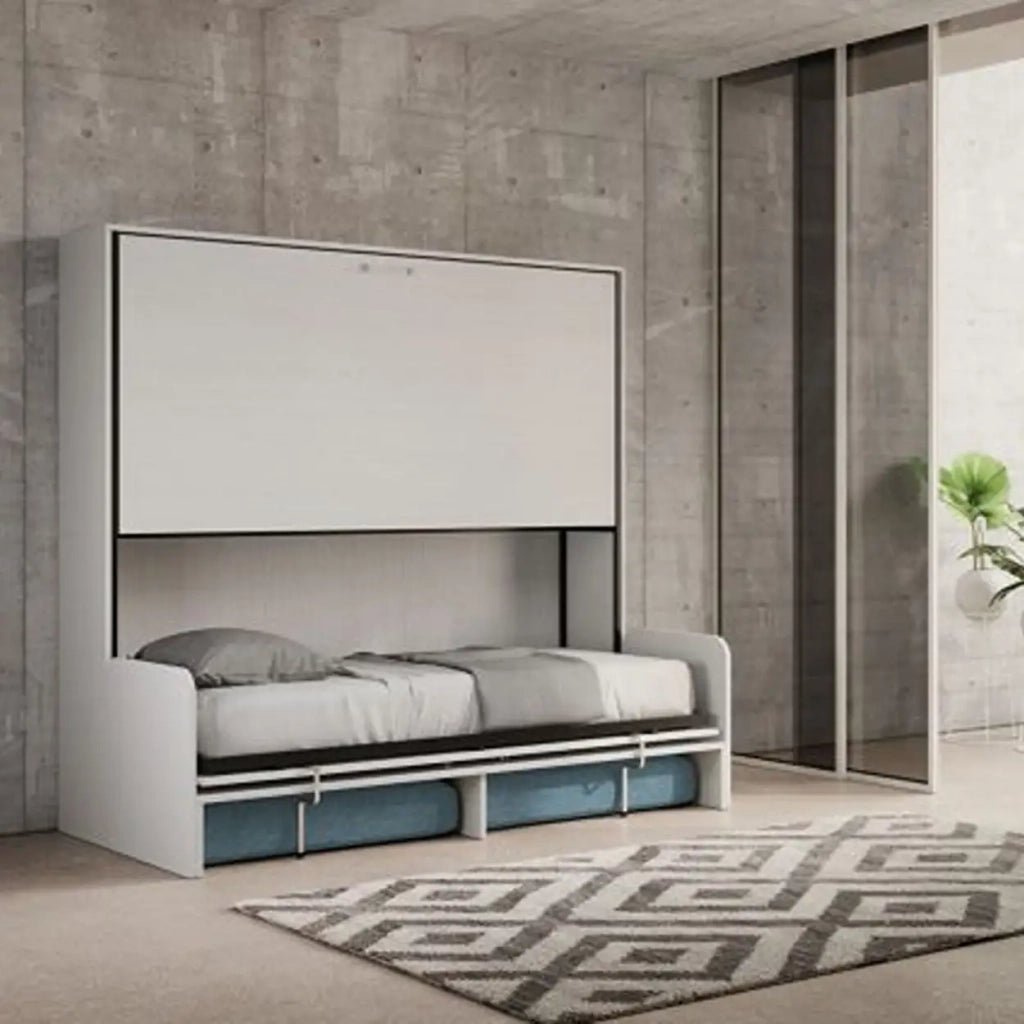 Letto doppio a scomparsa Kando con divano bianco frassino, azzurro