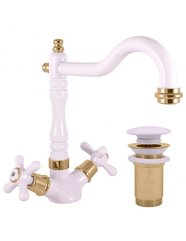 Miscelatore lavabo MORAVA RETRO in ottone bianco dorato con pop up