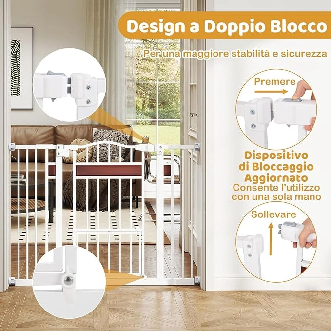 Cancelletto per Bambini per Aperture 74-104 cm, Cancello per Bambino con Porta Piccola, 2 Estensioni e Doppio Blocco, Cancelletto in Metallo da Interno per Cucina, Scale e Soggiorno (Bianco)