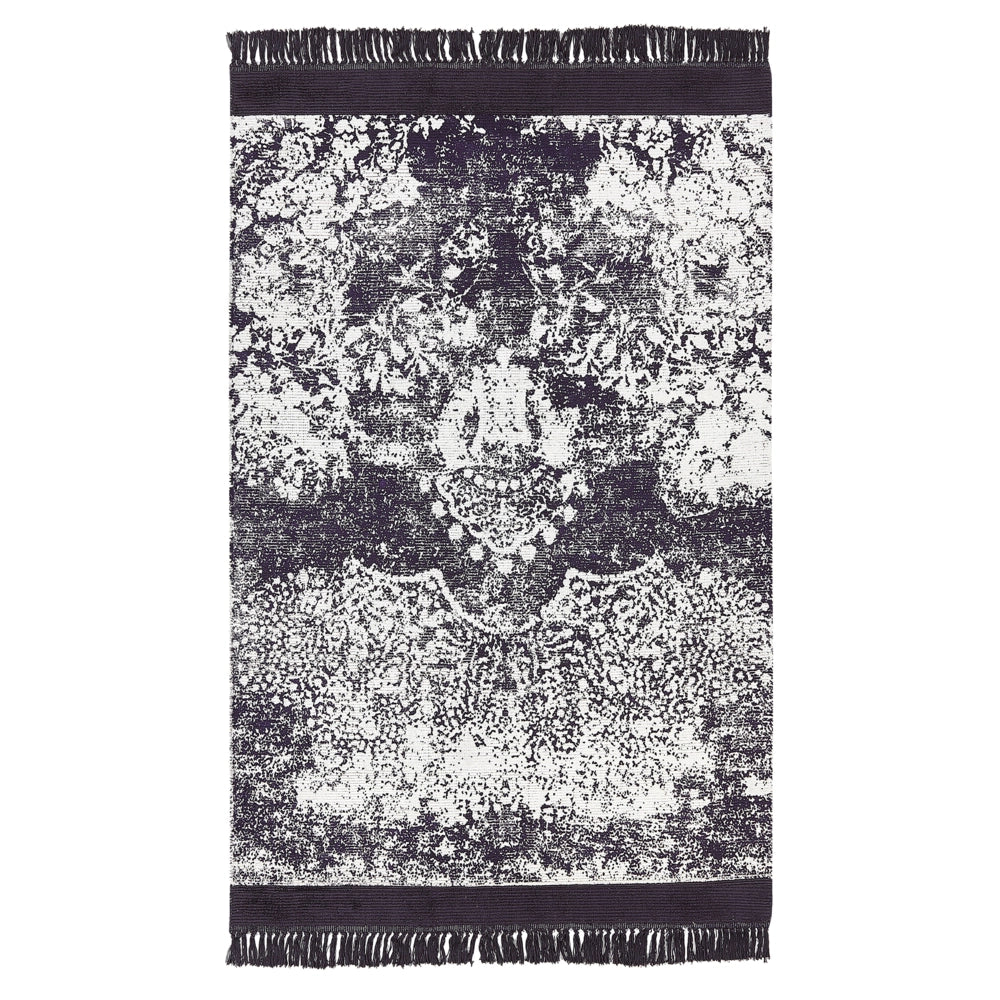 Tappeto vintage in viscosa con frange 140 x 200 cm viola e bianco stile classico e retrò camera da letto soggiorno