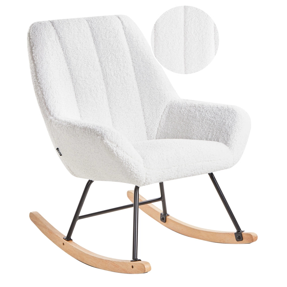 Sedia a dondolo Rivestimento in bouclé bianco sporco Teddy Metallo Gambe nere Braccioli Ampio schienale Soggiorno