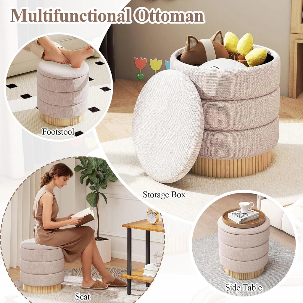 Pouf con Contenitore, Scatola Portaoggetti Rotonda con Coperchio, Pouf Poggiapiedi Imbottito con Legno di Pino, Panca Contenitore per Camera da Letto, Ø 43x46 Cm, Beige