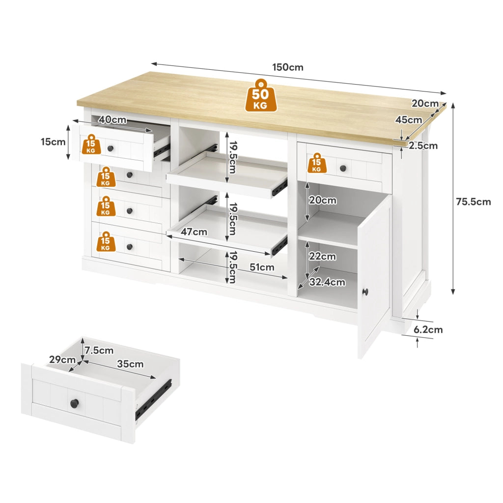 Mobile isola cucina bianco 150x65x75,5 cm con cassetti, ripiani estraibili e prese USB