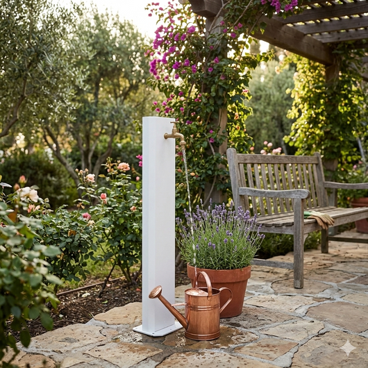 Fontanella da Giardino con Rubinetto in Ottone 20x10x100 cm in Acciaio Bianco