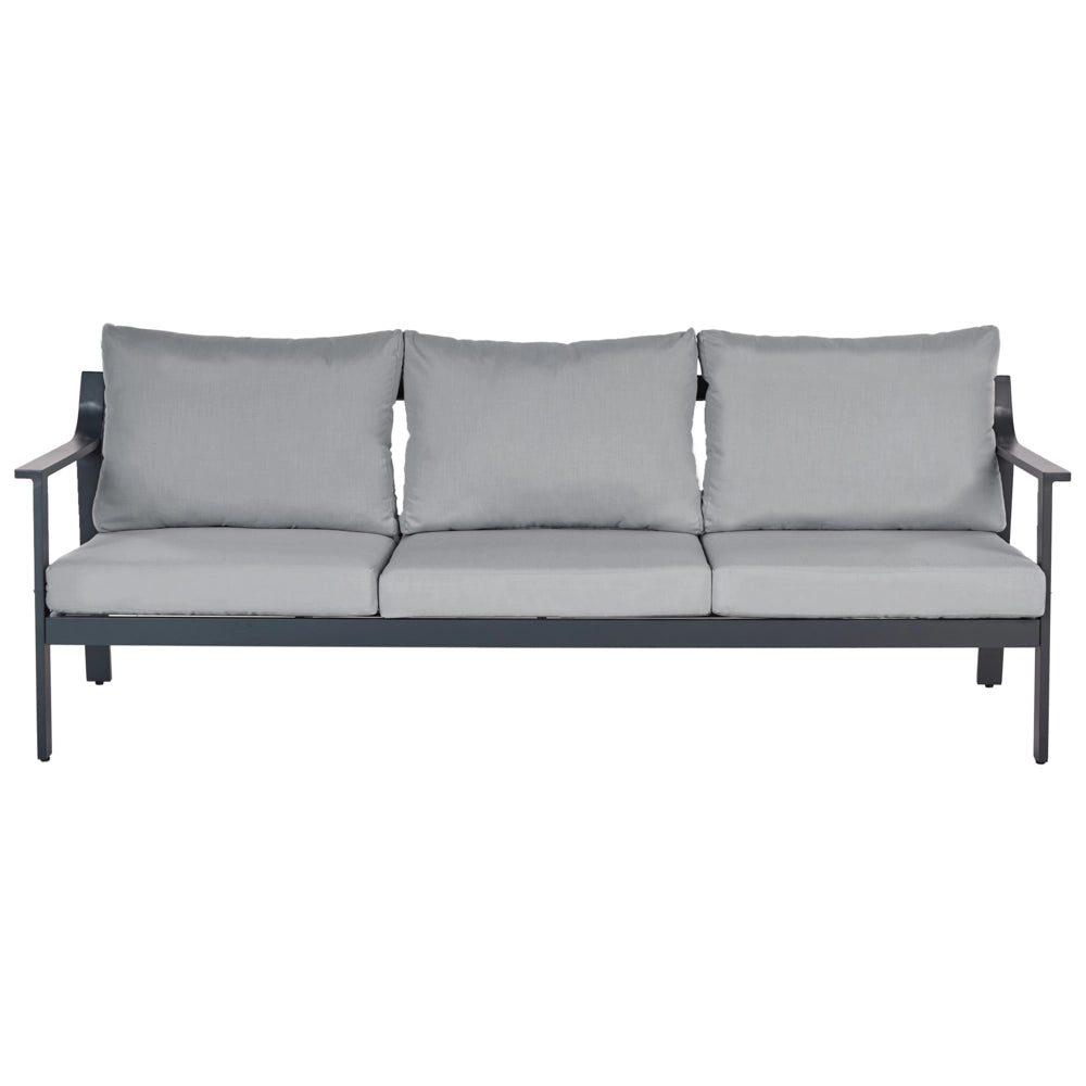 Divano da giardino 3 posti in alluminio con spessi cuscini idrorepellenti in grigio scuro stile moderno scandinavo