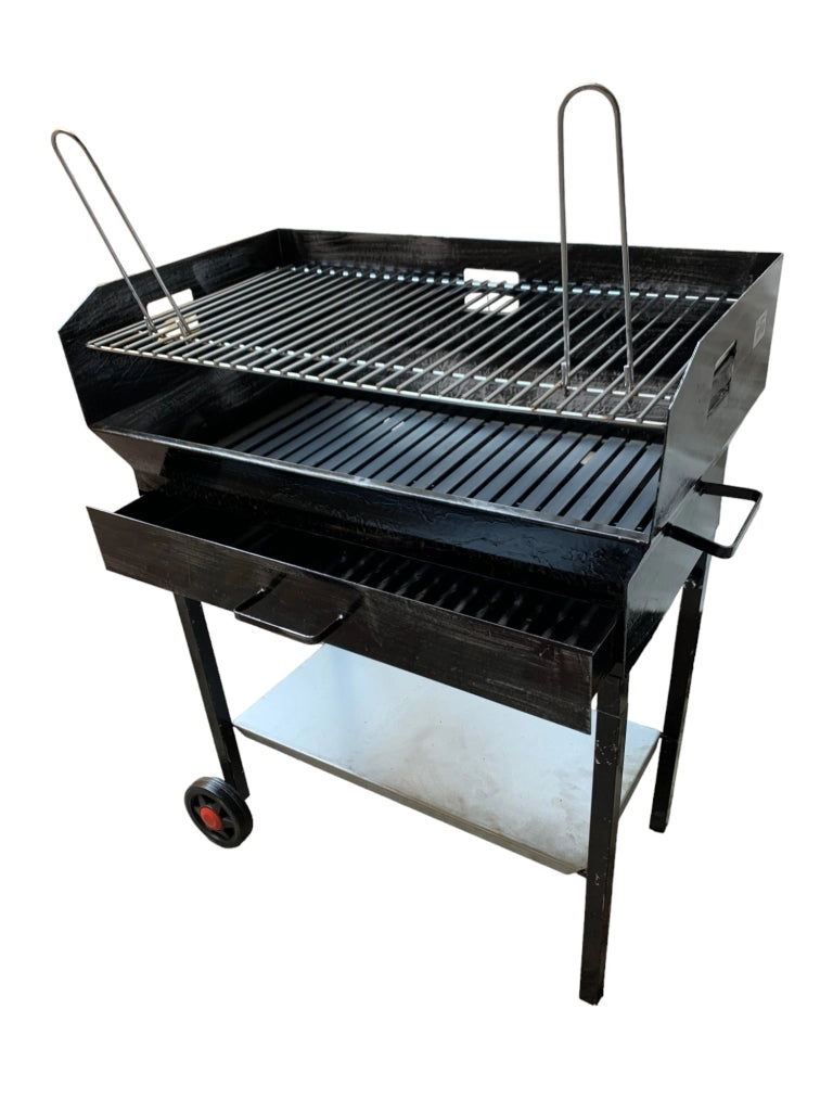 Barbecue a Legna e Carbonella in Ferro, con Ruote, Regolabile su 2 Altezze, Griglia in Acciaio, Ripiano poggia utensili 50x38cm
