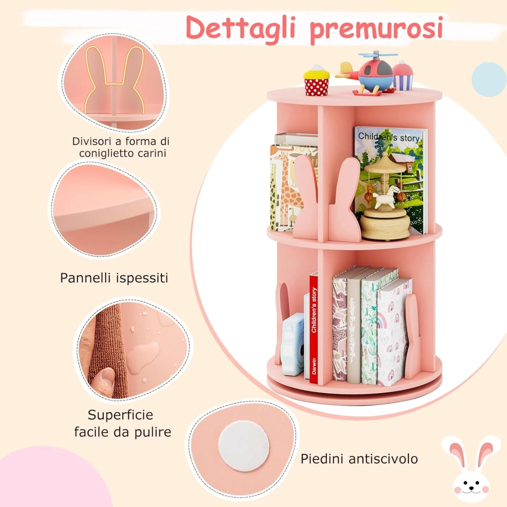 Libreria Girevole per Bambini, Scaffale Moderna in Legno a 2 Ripiani, Libreria Salvaspazio per Soggiorno, Camera da Letto e Studio, 40 x 65 cm (Rosa)