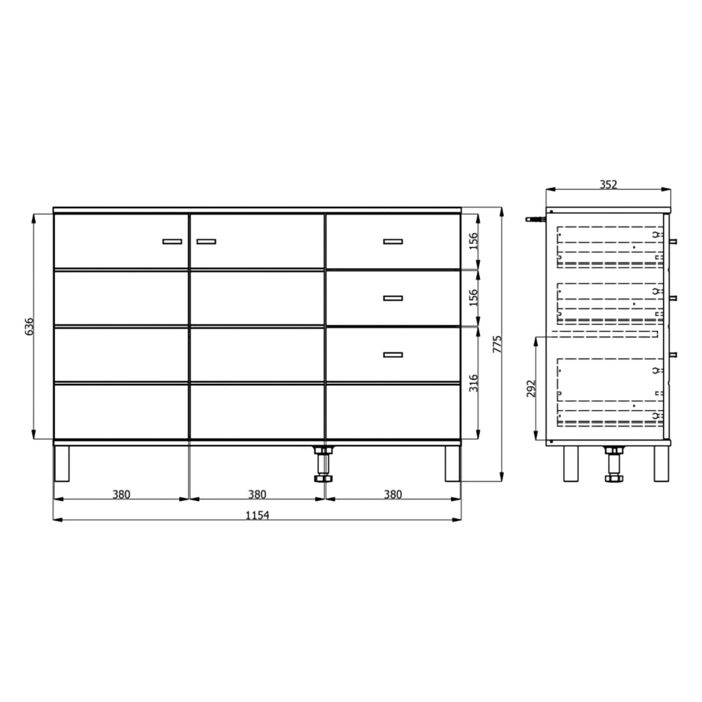 Madia Guatav, Credenza 3 Cassetti, 116x35x78h cm Bianco Opaco