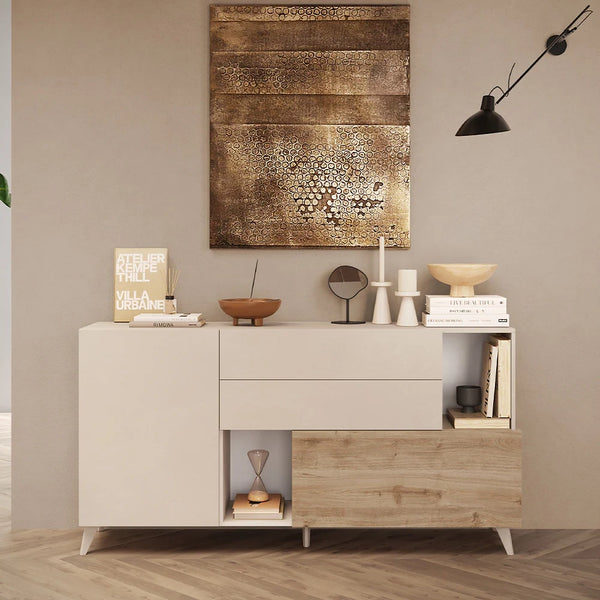 Madia 1 anta, 2 cassetti e 2 vani Linea MONACO L 181 x H 94 x P 42, realizzata in legno 100% MADE IN ITALY, design moderno per cucina, sala da pranzo, soggiorno colore Cashmere/Rovere