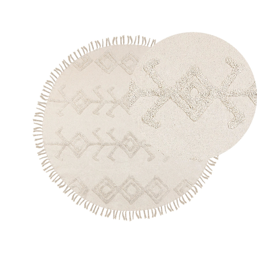 Tappeto rotondo in cotone beige ⌀ 140 cm trapuntato con motivo e frange boho soggiorno camera da letto