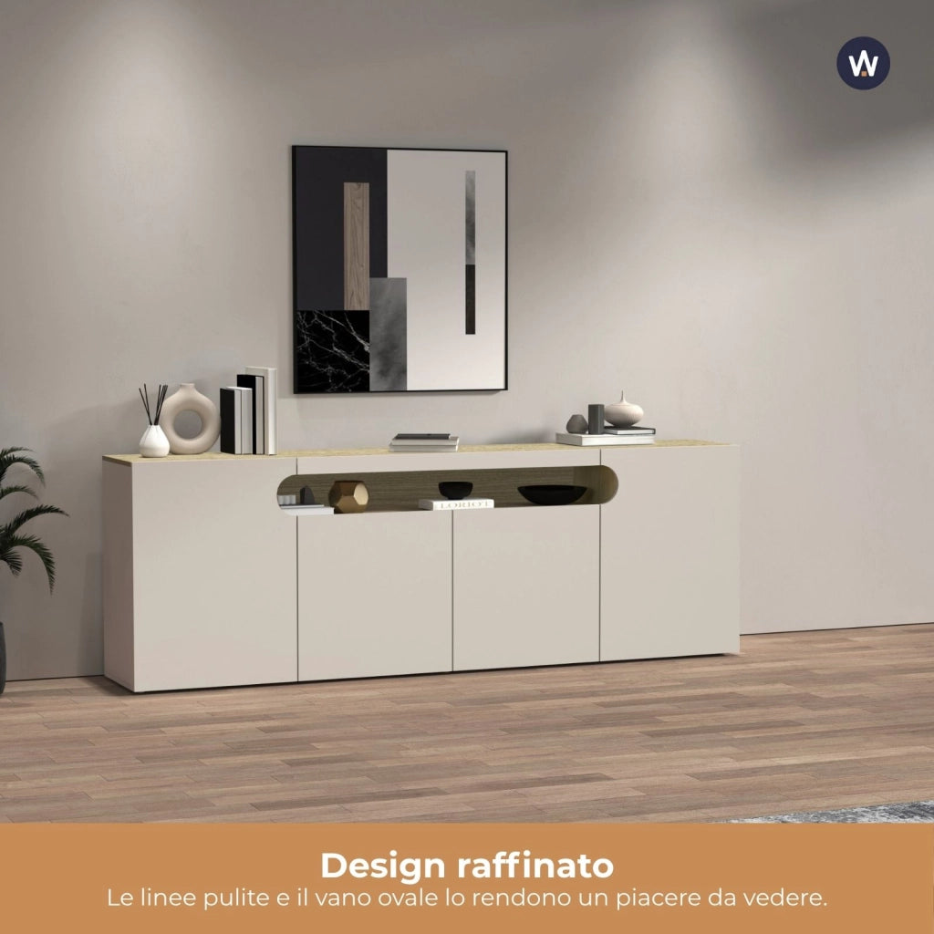WHOUS Credenza Real con 4 ante e 1 vano aperto cashmere e rovere chiaro 200x40x80 cm