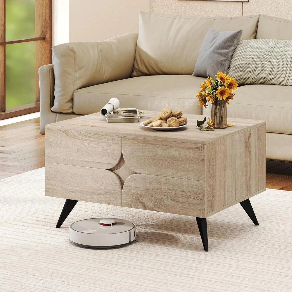 Tavolino rettangolare con spazio di archiviazione, tavolo da salotto in legno con 3 ante e 1 scomparto aperto, 80 x 60 x 46 cm, per ufficio (rovere)