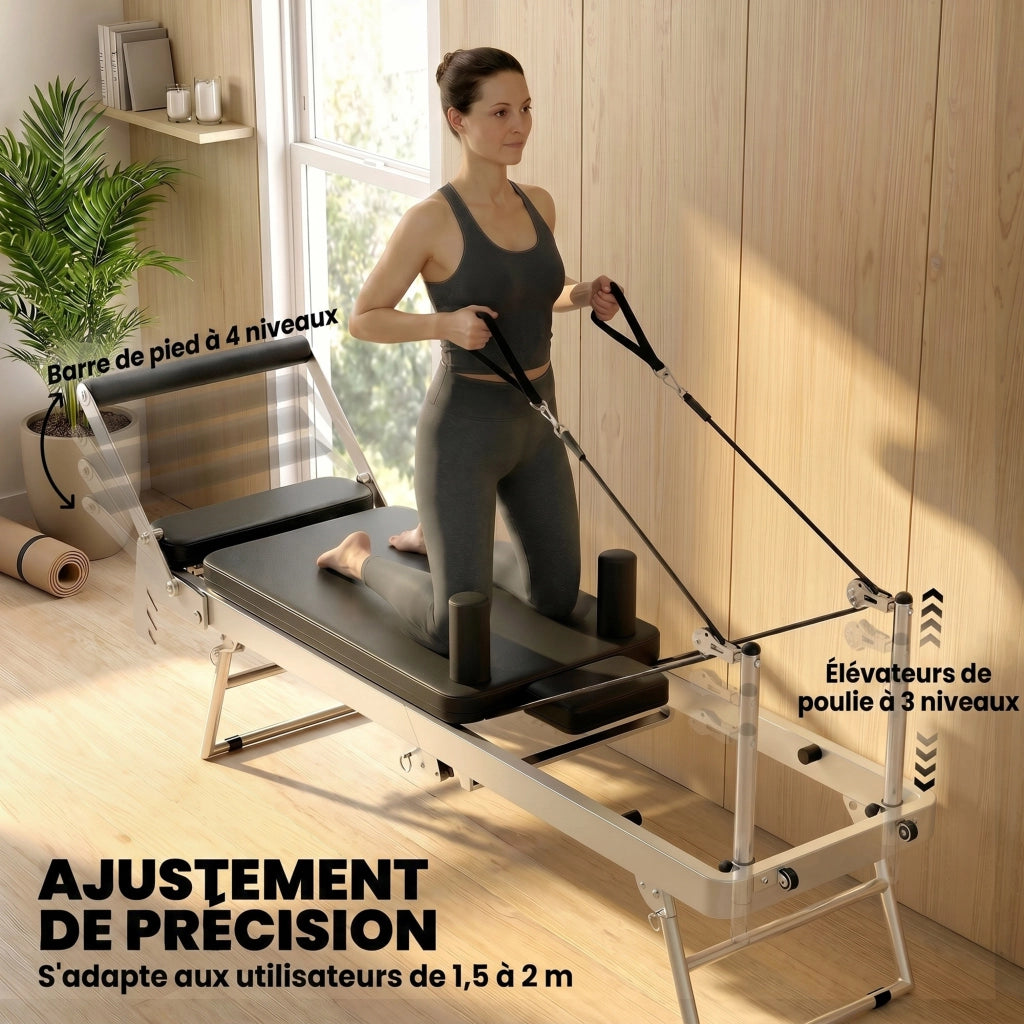 Reformer Pilates ¨C zephmum ¨C Sistema ibrido 4 molle 5 corde silenzioso 195x56x88 cm bianco